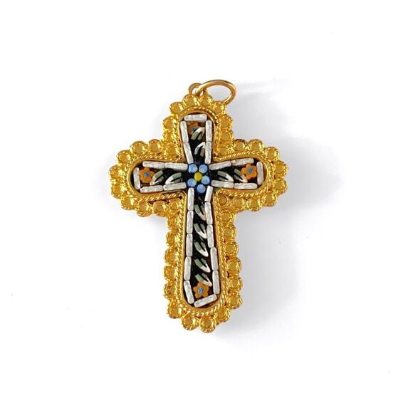 Micro Mosaic Gold Cross Pendant - Picture 1 of 4